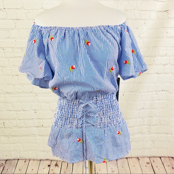 NEW Blue White Stripe Embroidered Peasant Blouse - Picture 15 of 15